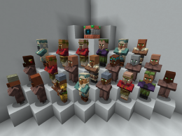 Custom villager skins, enabled by Optifine and Fresh Animations.