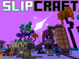 The title and cover pic of the Slipcraft mod, a screenshot of the cosmic veil with a host of some of the machines and structures the player can build from this mod.