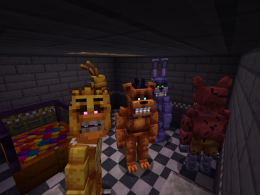 Screenshot of the animatronics and the ball pit inside a room made of the blocks from the mod!