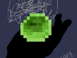 Hand holding a strange pixelated green gem with low quality scribbles surrounding it vaguely resembling smoke