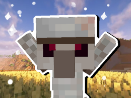 PNG image of a image of a baby iron golem with its arms happily out, editted in front of a wheat feild