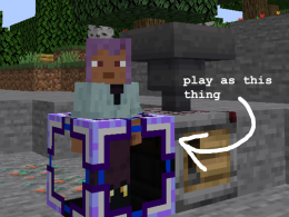 The player is in a purple/blue outline block and there is an arrow pointing to the block saying "play as this thing".
