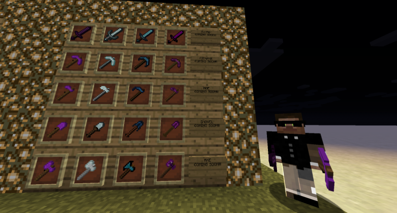 The tools These are the current tools of the mod. The tools currently available are the amethyst set, the balazza set, the vita set, and the cielio set! I am planning on adding the sun crystal set very soon and mabey more in the future ;)