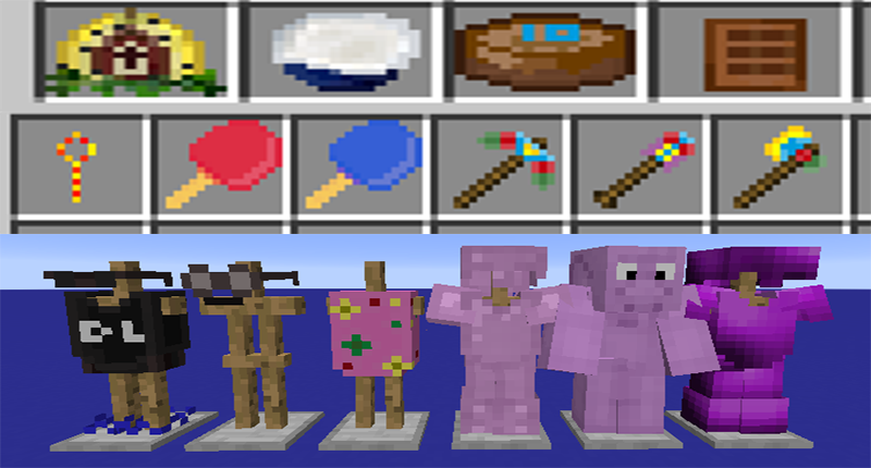 Feed yourself with 4 types of food with potion effects and equip with 6 armors! Alimente-se com 4 Tipos de comida com efeitos de poções e equipe-se com 6 armaduras cada uma com seu efeito!