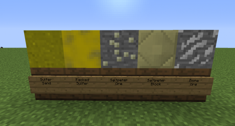 The Added Blocks Sulfer sand, packed Sulfer, Saltpeter ore, saltpeter block and bone ore