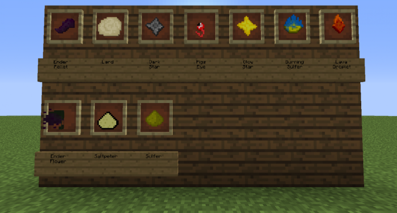 All the new items: Lard, pigs eye, sulfer, saltpeter, burning sulfer, ender flower, ender pellet, lava droplet etc.