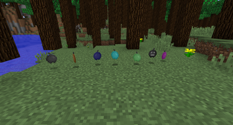 left to right: Coal Apple, Iron Apple, Lapis Apple, Diamond Apple, Emerald Apple, Wither Apple, Ultimate Apple