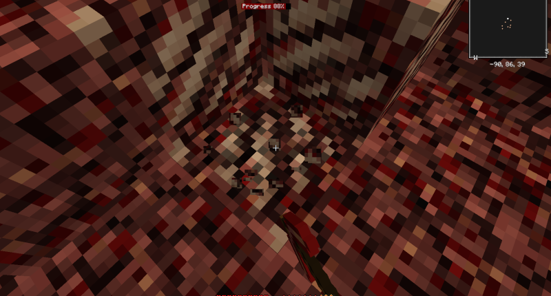 Also shows my minimap mod, Xaero's Minimap, and The One Probe and Inventory Spam providing me with additional information. Mining with a Netherrack Pickaxe.
