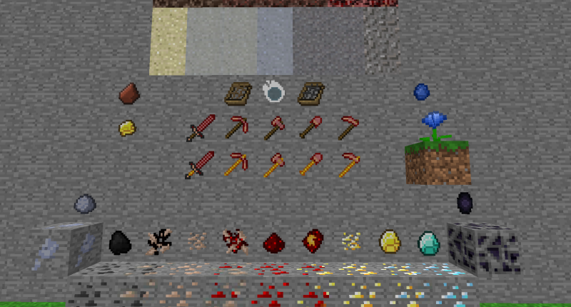 Shows off most items from version 1.0.0, but also features some things from the mods 'Quark' and 'Dungeon Tactics' for clarity reasons. Most of the items from version 1.0.0