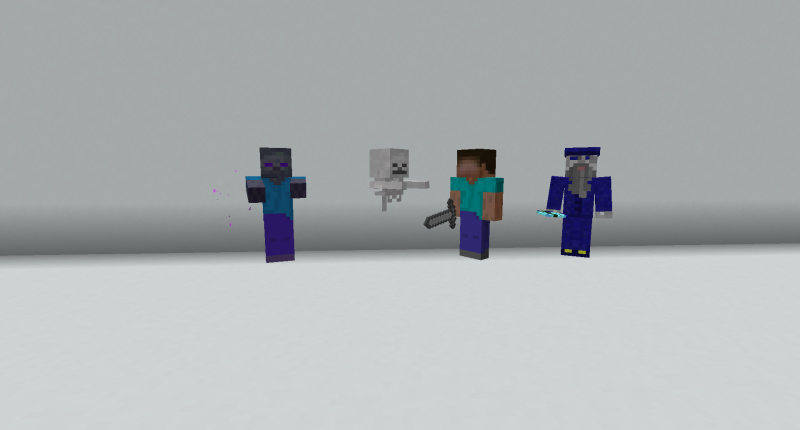 From left to right: Arcane Zombie, Spaectre, Steve?, Demented Arcenist. The mobs of The Rules of the Arcane mod.