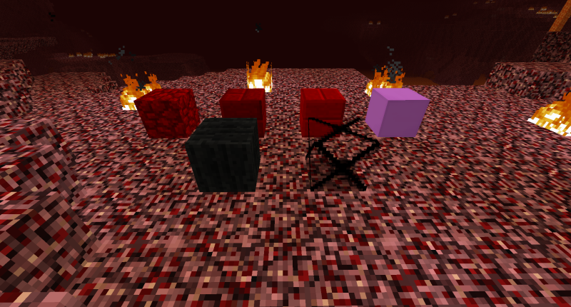 (Back Row) Bloodstone, Bloodstone Bricks, Slabbed Bloodstone, Spectral Block (Front Row) Withering Sand, Silk Block Nether Expanded Blocks