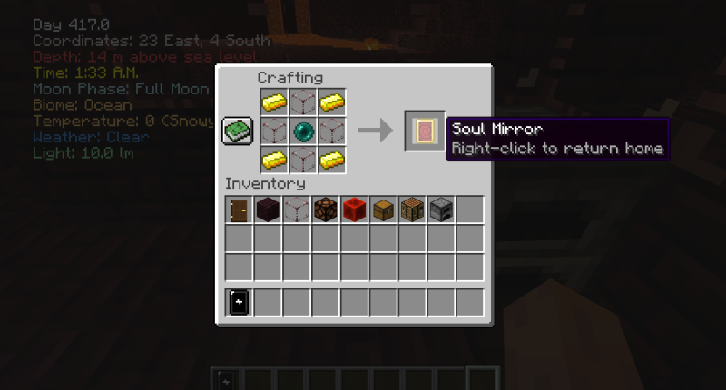 Return home instantly from anywhere with the Soul Mirror. Crafting recipe for a new item, the Soul Mirror.
