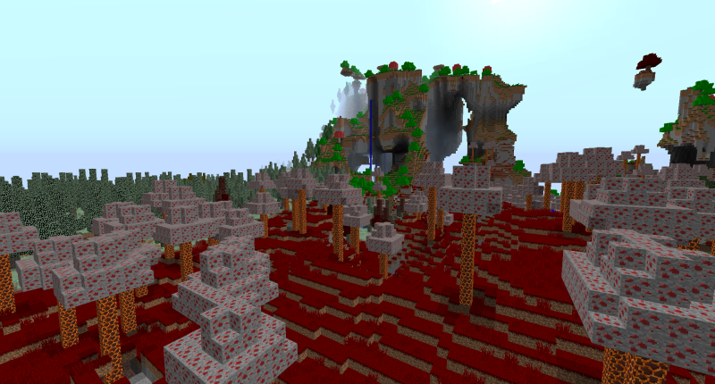 And here you can see the new mountain biome in back, fire swamp in the foreground, and enchanted forest in the back left. Biomes
