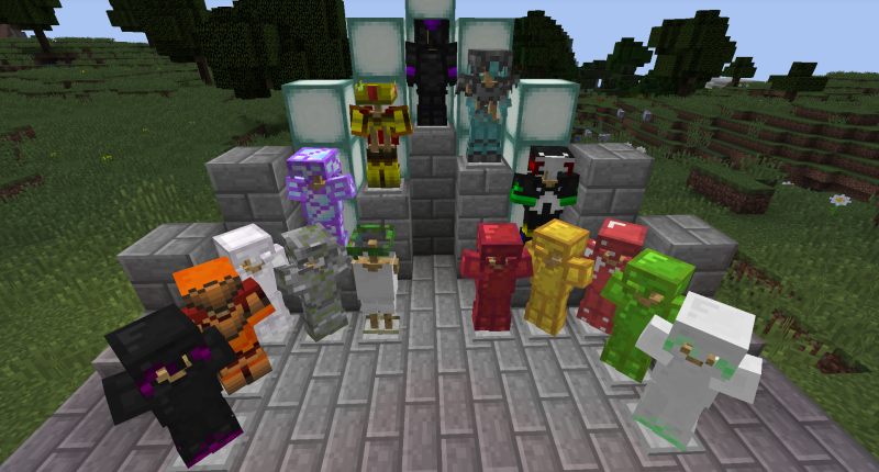 The armor stacked up by tier. Of course, they all have weapons and tools, some have ores and blocks.