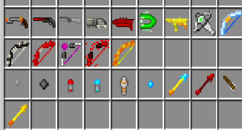 Guns, bows, ammos, upgrade kits and throwing weapons