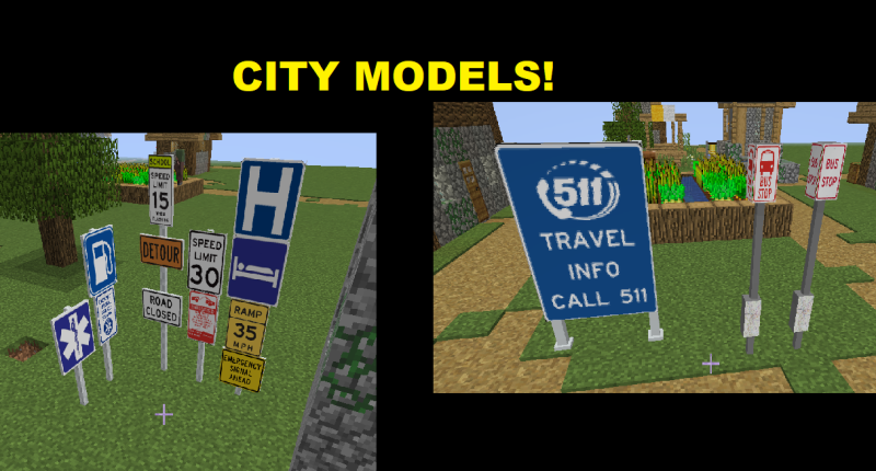 Road signs, large highway sign, and the bus stop signs!