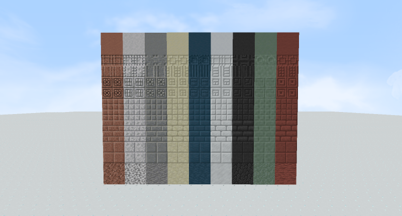 Granite, diorite and andesite with new variants, and 6 new stone types in the mod from left to right: Limestone, slate, marble, basalt, chlorite and jasper. Stairs, slabs and walls not shown.