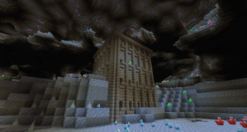 A castle in the ice cave biome of the cave dimension