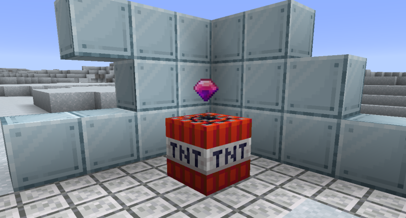 What kind of testing facility is this? Here there are Diorite Bricks, Steel Blocks, and a Gem of Flames resting atop the TNT.