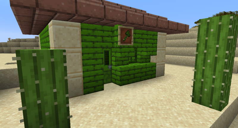 A cactus house within a desert, showing off some of the new Cactus materials and a Granite Brick roof.