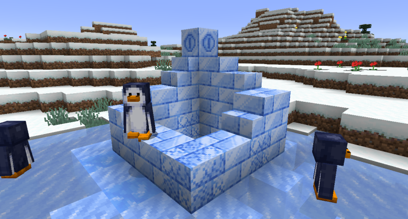 A strange icy structure made from Ice Bricks. It's surrounded by Penguins.