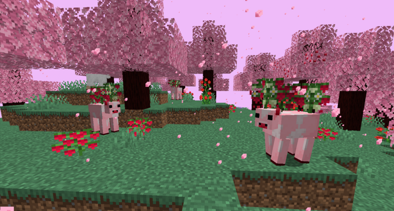 A preview of the new mob, the Mooberries grazing in the Cherry Blossom forest biome.