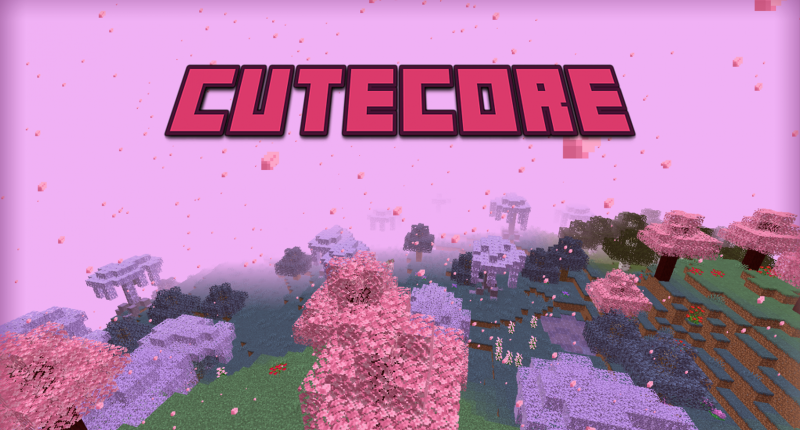 Mod Banner; Showcases the Cutecore logo overlooking the new Cherry Blossom and Wisteria Tree forest biomes.