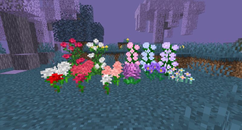 Some of the new flowers added by the mod such as variants of roses, hydrangeas, carnations, hyacinths, lilacs, and forget-me-nots.