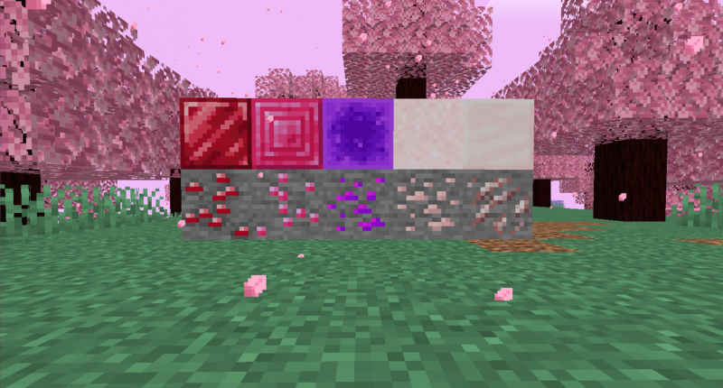 A showcase of the new ores added by the mod: Red Beryl, Pink Sapphire, Magic, Pink Salt, and Rose Quartz