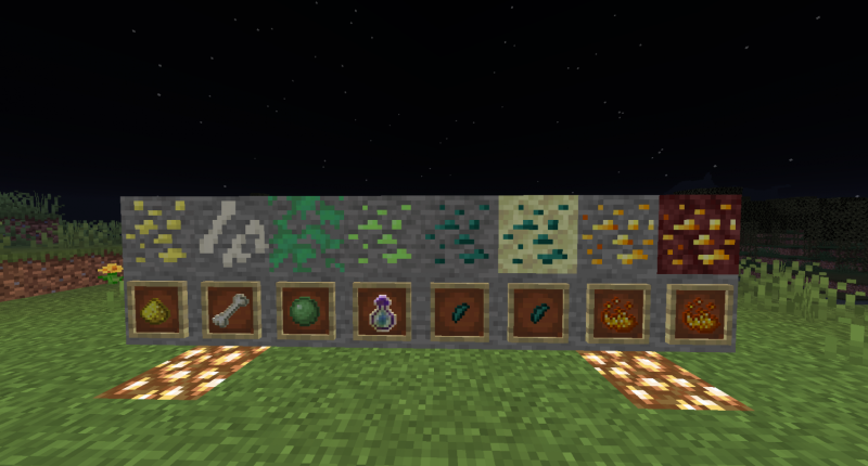 6 new ores! (from left to right) Sulfur, Fossil, Slime, EXP, Enderite, Enderite (end), Ember, Ember (Nether).