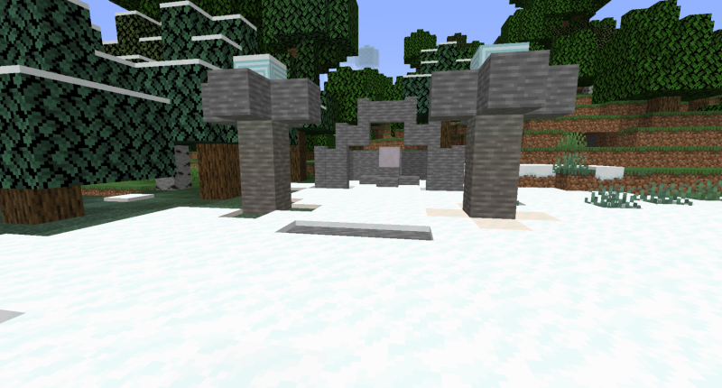 A partially berried shrine in a snowy biome