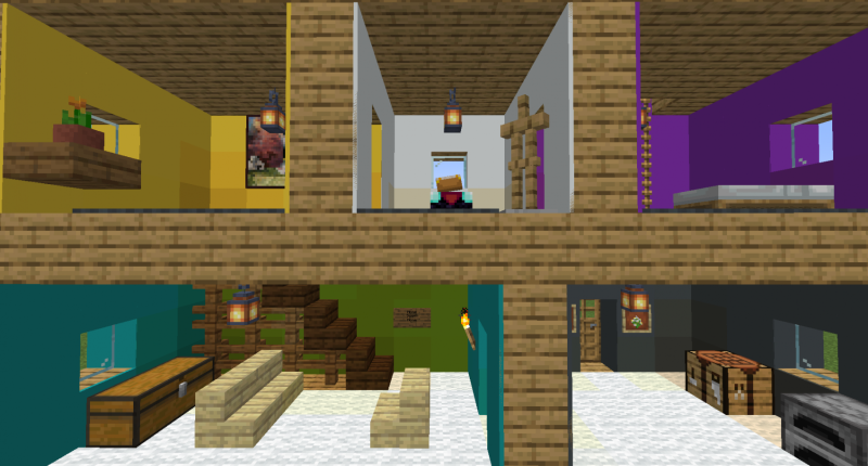 Image showing a wooden Minecraft base with different colors of wallpaper in each room.