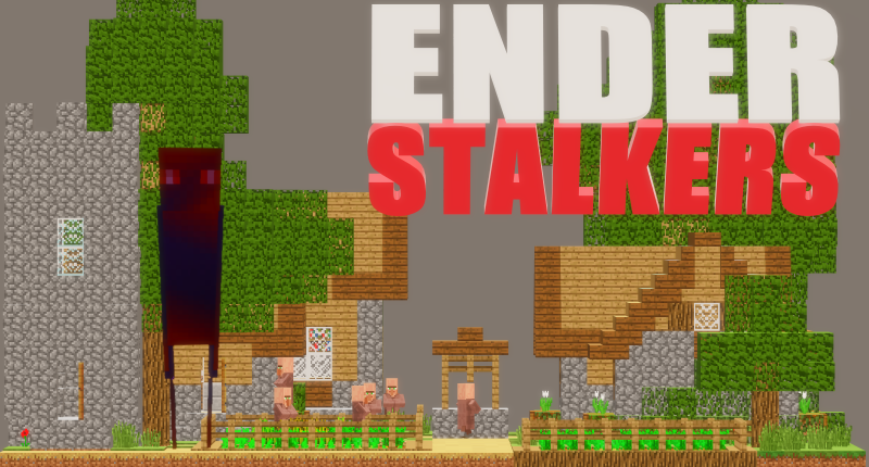 The Logo of the Ender Stalkers mod in a village with one of the Ender stalkers seen in the mod!