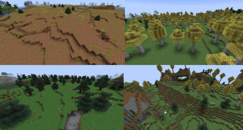 All the overworld biomes: shrubland, aspen forest, pine forest/valley, and mountain valley