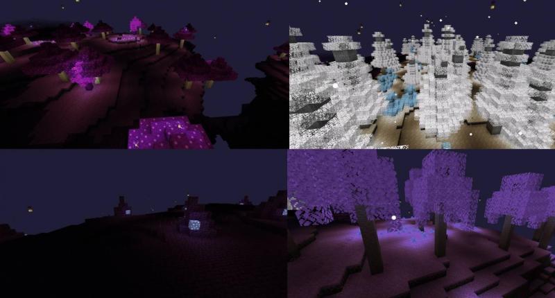All the fragmension biomes: psychedelic woods, whispering woods, fragstone crag, and mystic forest