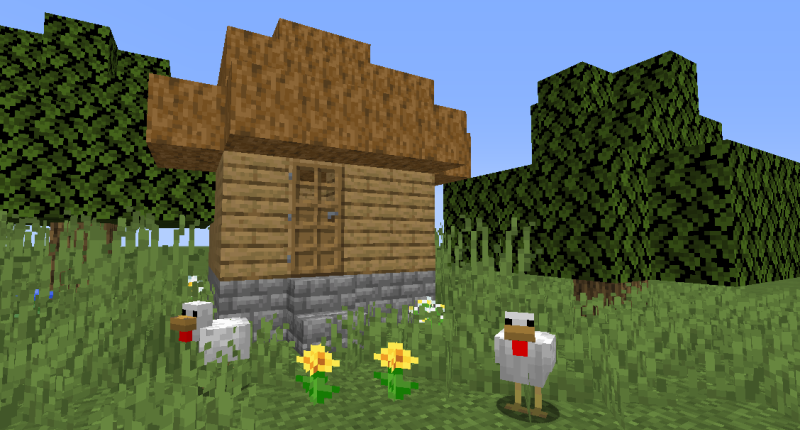 A simple house made out of cobblestone bricks and dead bush thatches