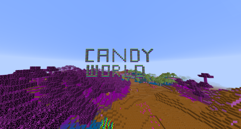 Candyworld text made out of Rainbow Blocks with the Candyworld dimension in the background.