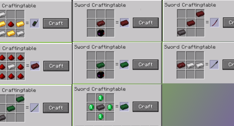 All Crafting Recipes you can craft with the Sword Crafting Table