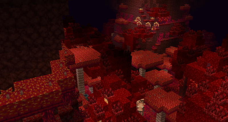 'Netherwart Forest' biome in the "Prehistoric Nether" and a Hoglin Stenomylus.