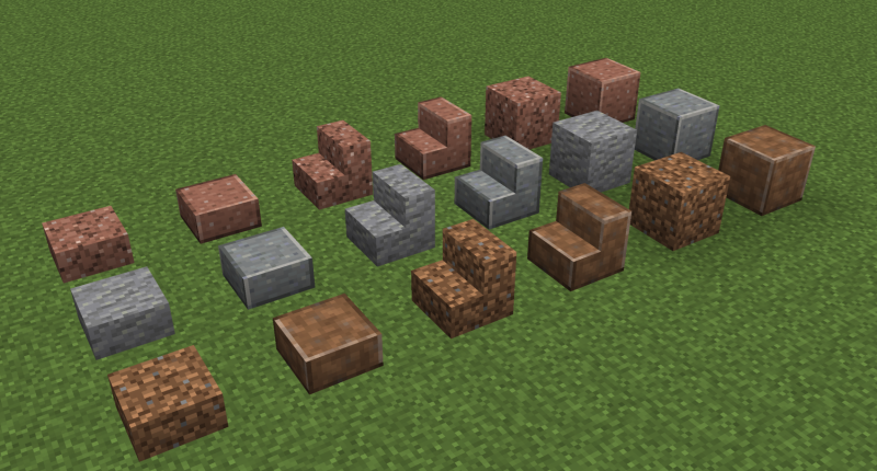 You can make two dirt types, normal and smoothed, both have stairs and slab versions compared to other blocks as refrence.