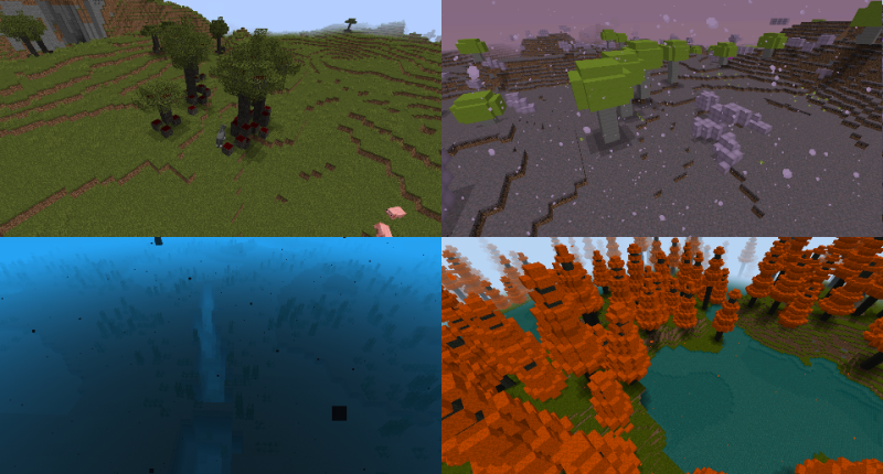 Top to bottom, left to right: Bloodwood Forest, Open Ocean, Toxic Mushroom Forest, Ancient Forest.