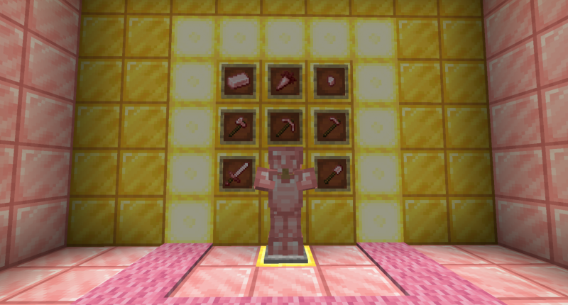 A room made out of rose gold and golden blocks showing the rose gold armor on an armor stand, surrounded by every item in the mod in item frames.