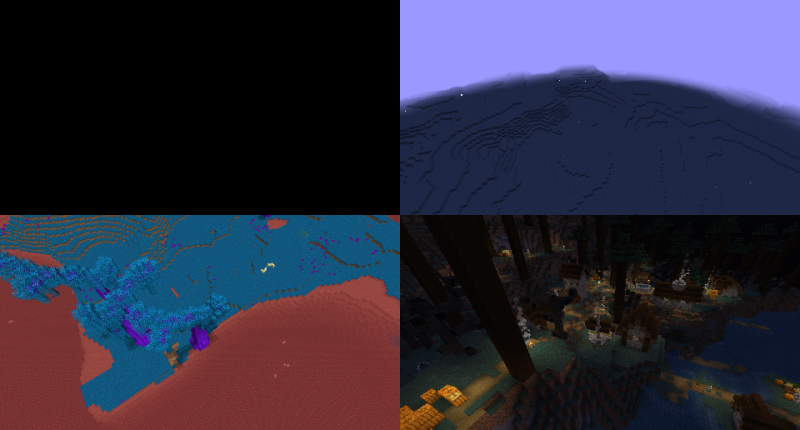 Top to bottom, left to right: Shadow Realm, Rage World, Neon Biome, Haunted Forest.