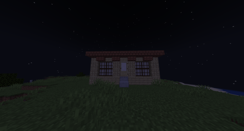 A house I made using shingles, birch tiles, and smooth stone stairs!