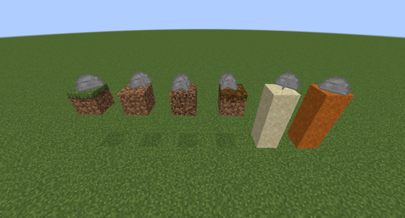 Pebbles on: Grass Block, Dirt, Coarse Dirt, Podzol, Sand and Red Sand.