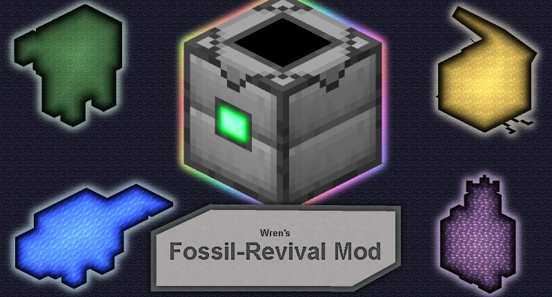 The mod logo, showcasing the Fossil Reviver, as well the original 4 mobs' glowing silhouettes overlaying a tiled background of a block associated with their respective theming.