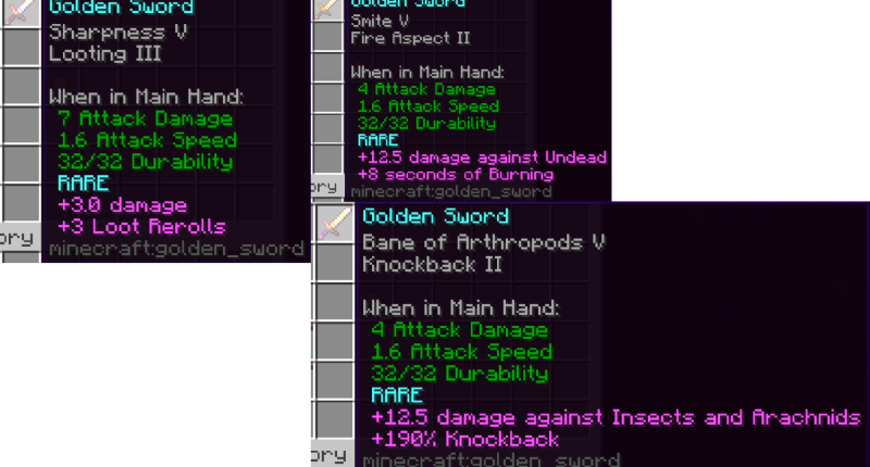Golden Swords with various enchantments