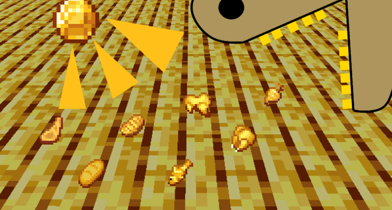 some one eating the gold food that is being shined on by the midas diamond on the floor made of golden planks