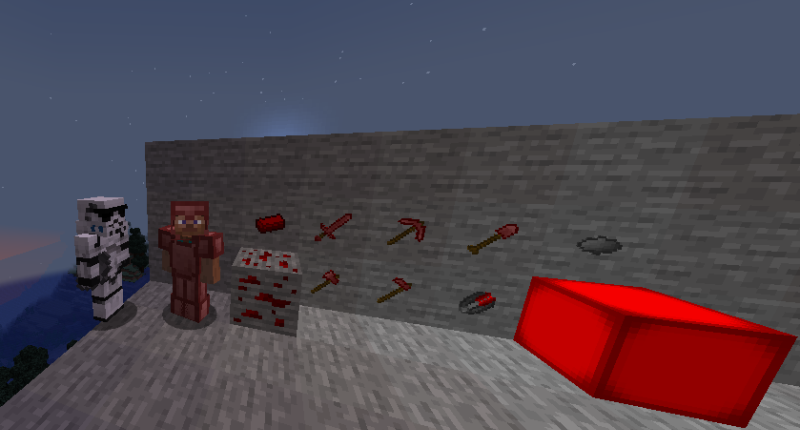 Red ingots and ore, red tools, red armor, red sea lantern, pebbles, and stormtroopers