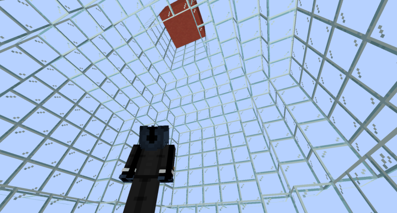 Player looking up inside giant glass bottle made out of blocks in a void.